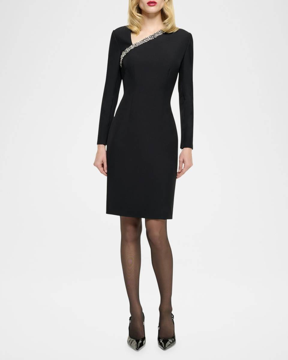 Embellished Long-Sleeve Crepe Dress
